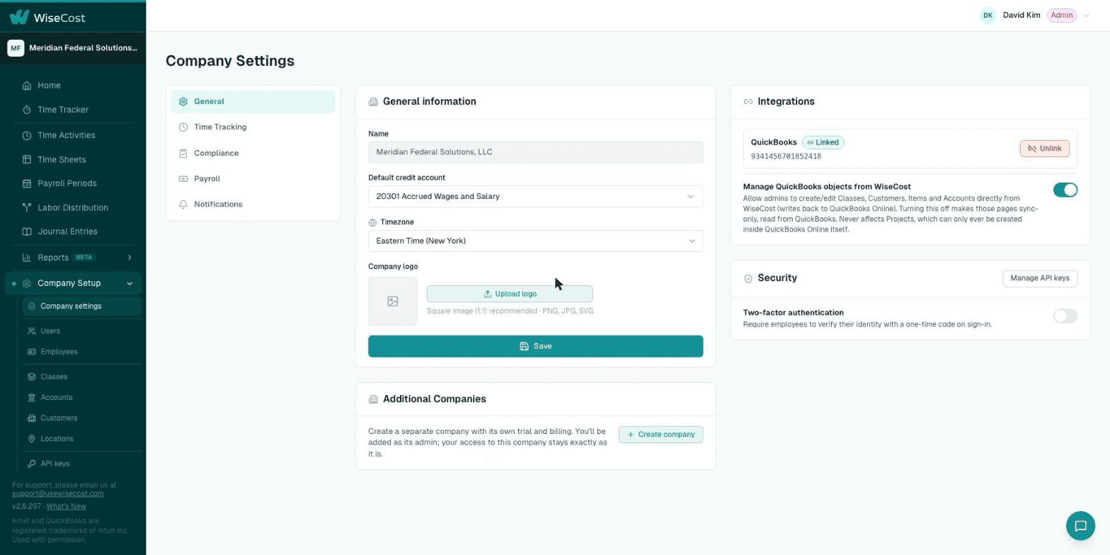 Company settings, General tab, showing company information, the QuickBooks integration and security options