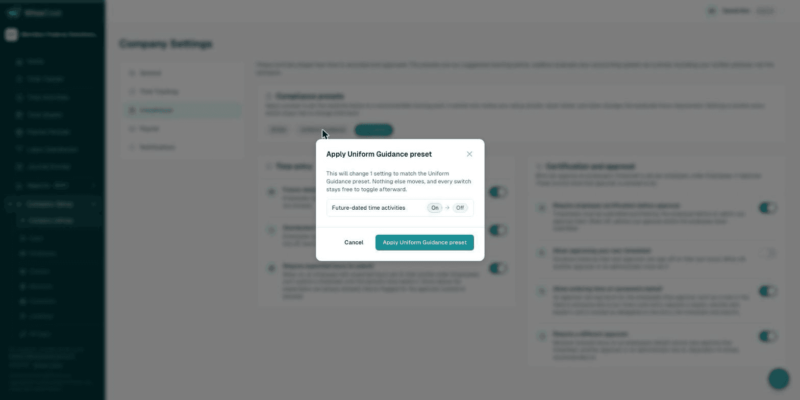 Confirmation dialog listing the switches the Uniform Guidance preset will change