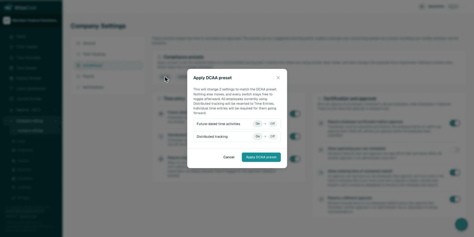 Confirmation dialog listing the switches the DCAA preset will change