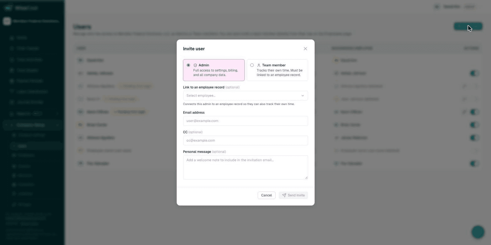 Invite user dialog with the Admin and Team member options
