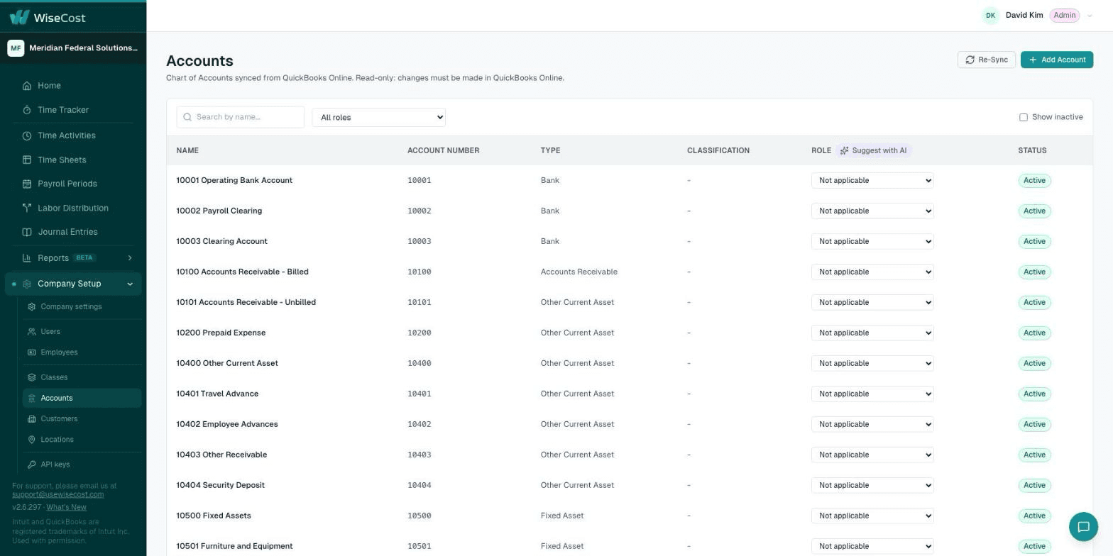 Chart of accounts with a role selector per account and the Suggest with AI button