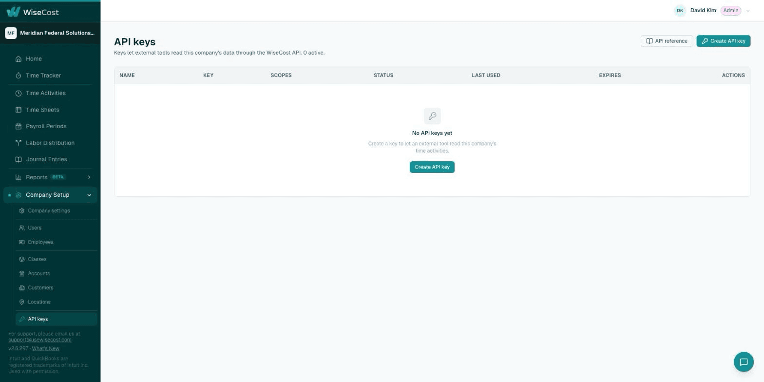 API keys page with the Create API key button