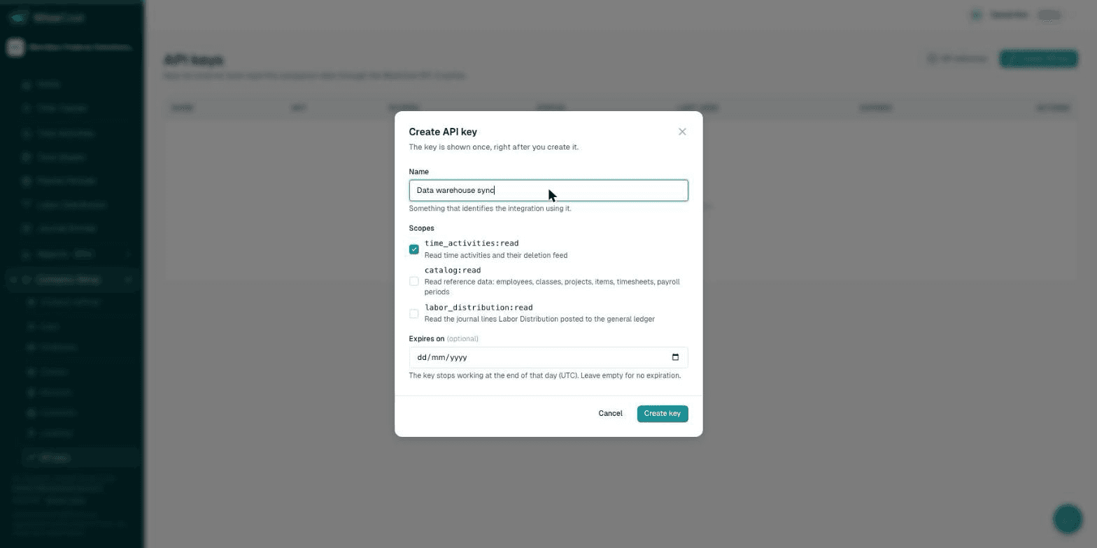 Create API key dialog with name, scopes and optional expiration