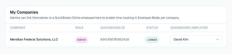 My Companies card showing the role and the linked QuickBooks employee for each company