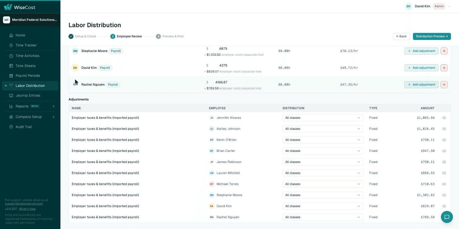 Employee review step with employer costs included and the adjustments section