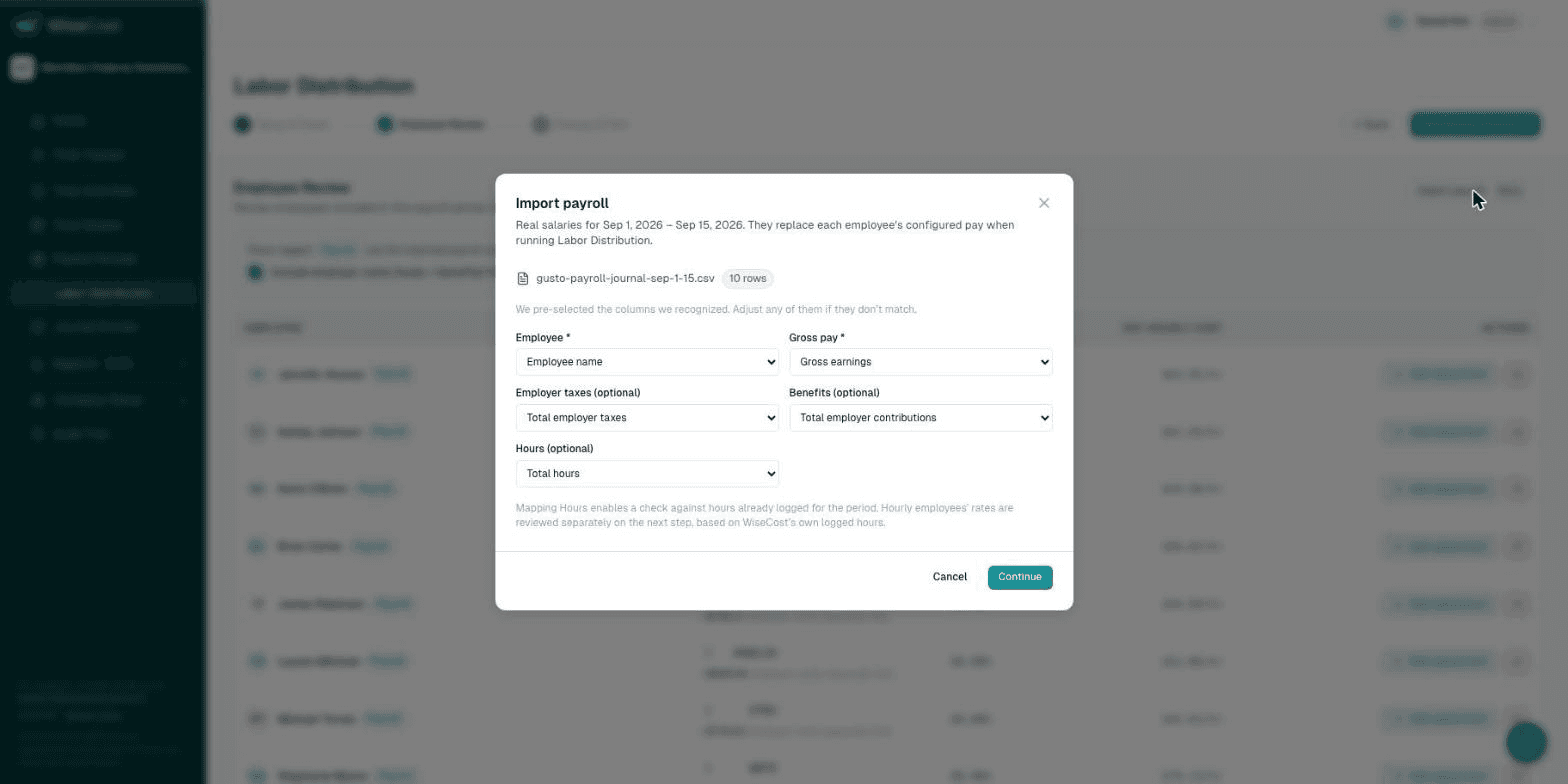 Import payroll dialog with detected column mapping
