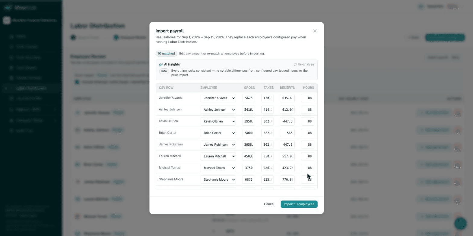 Import payroll review step with editable amounts and AI insights