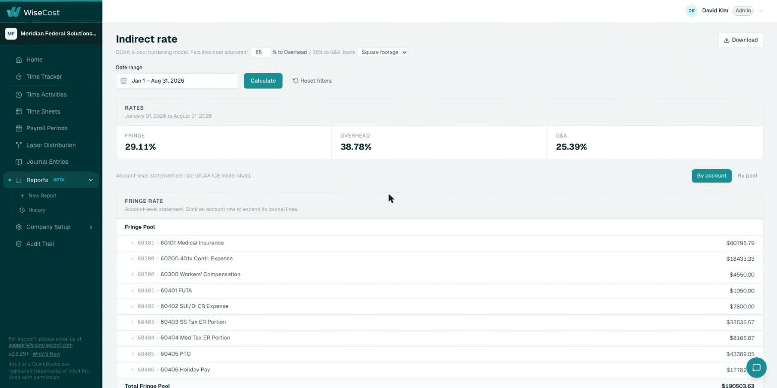 Indirect Rate report, by account view, with pool and base lines per rate