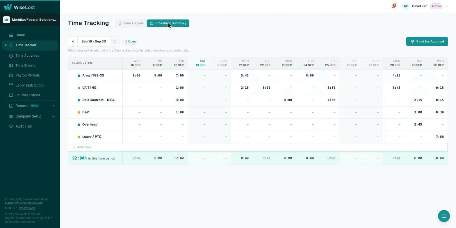 Timesheet Summary grid with one row per class and one column per day