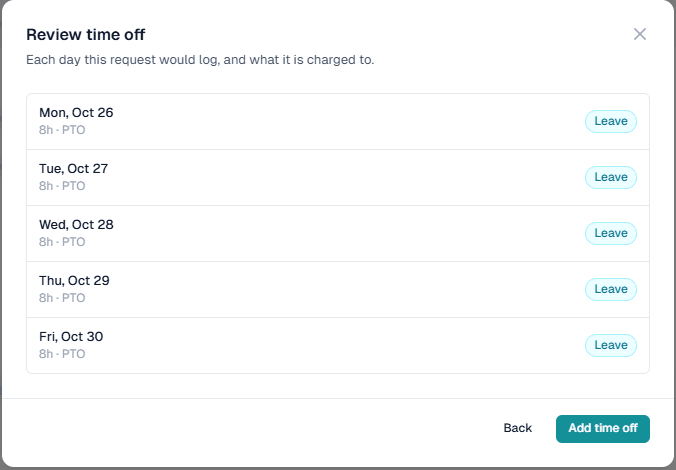 Review time off step listing each day with its hours and account