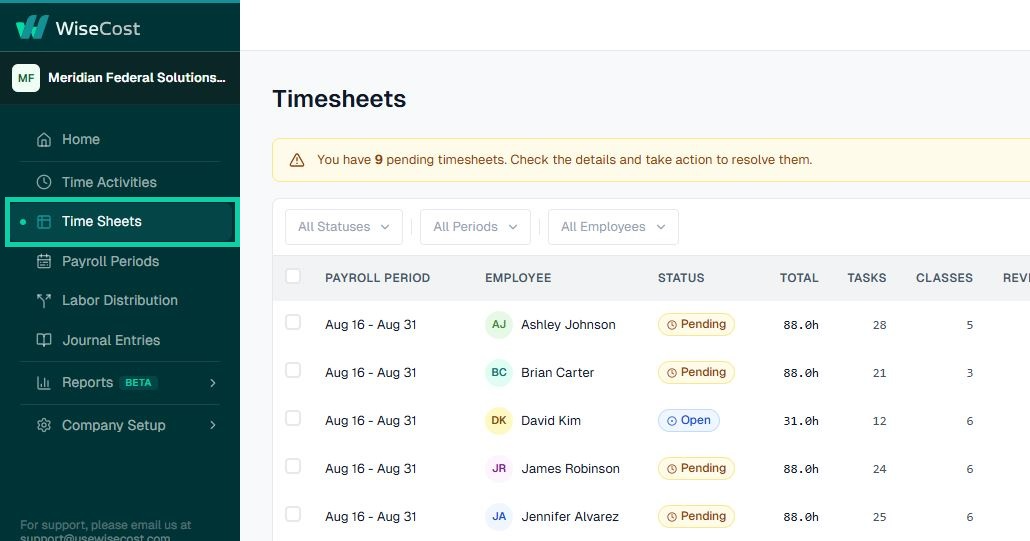 The Time Sheets section with every timesheet and its status