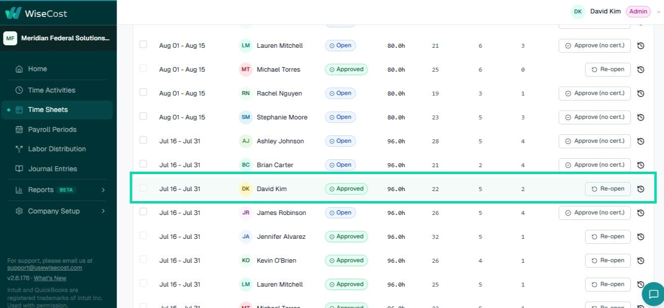 Reopening an Approved timesheet directly